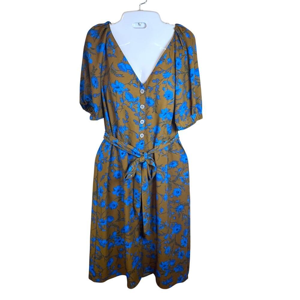 ANN TAYLOR Factory Olive Green Vibrant Blue Floral Midi Dress Women's Sz 2